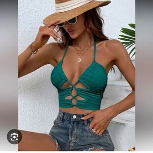 SHEIN Teal Blue Breezaya Lace-up Front Backless Textured Crop Halter Top